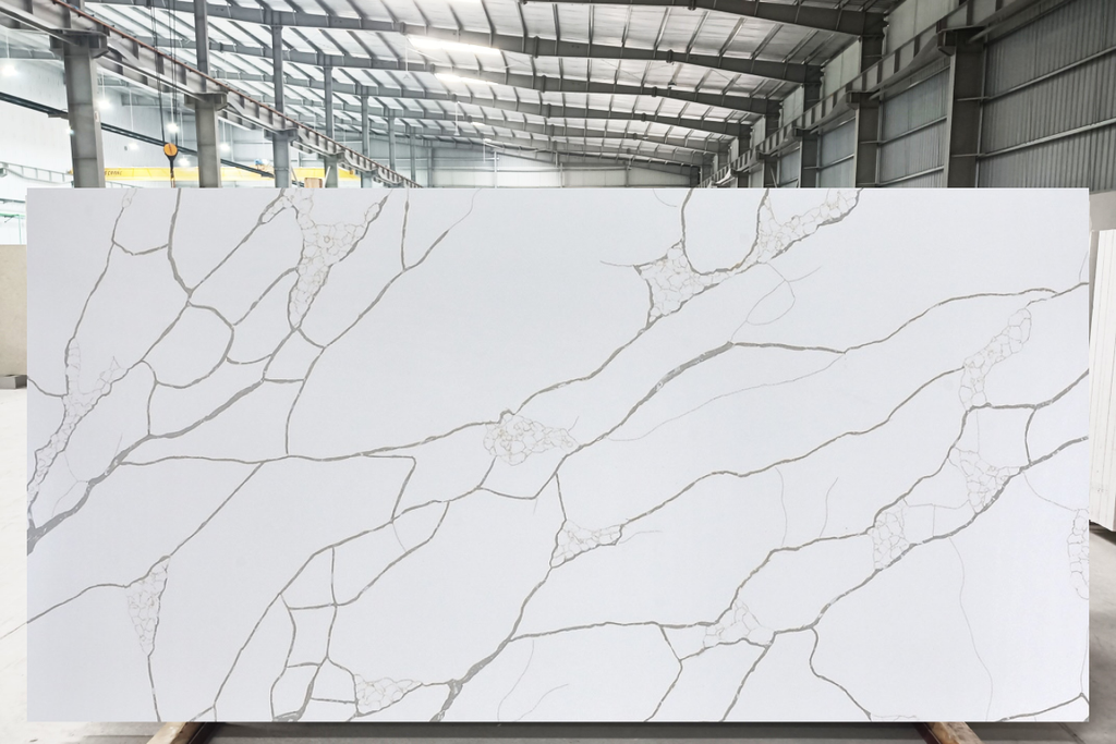 Light quartz countertop slab with minimal movement