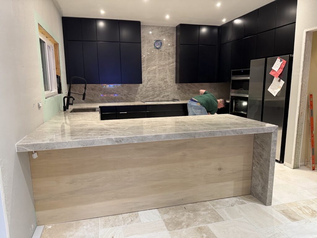 Taj Mahal quartzite kitchen island and countertops in Jacksonville, FL
