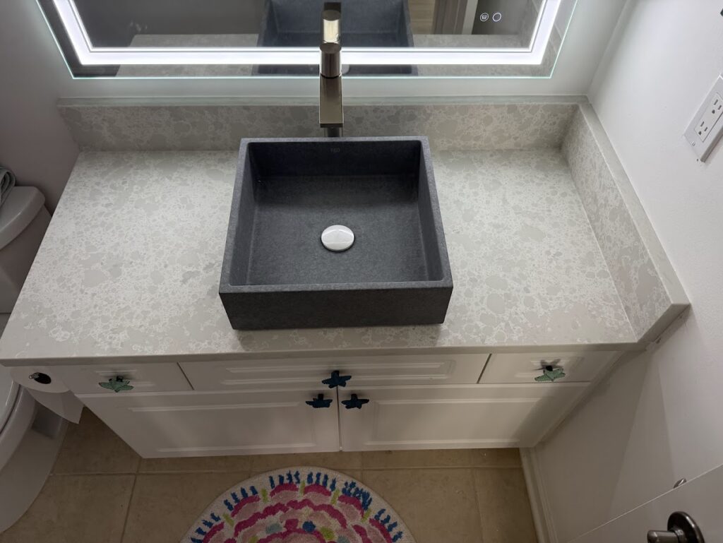 Quartz bathroom countertop installation with vessel sink in Jacksonville Florida