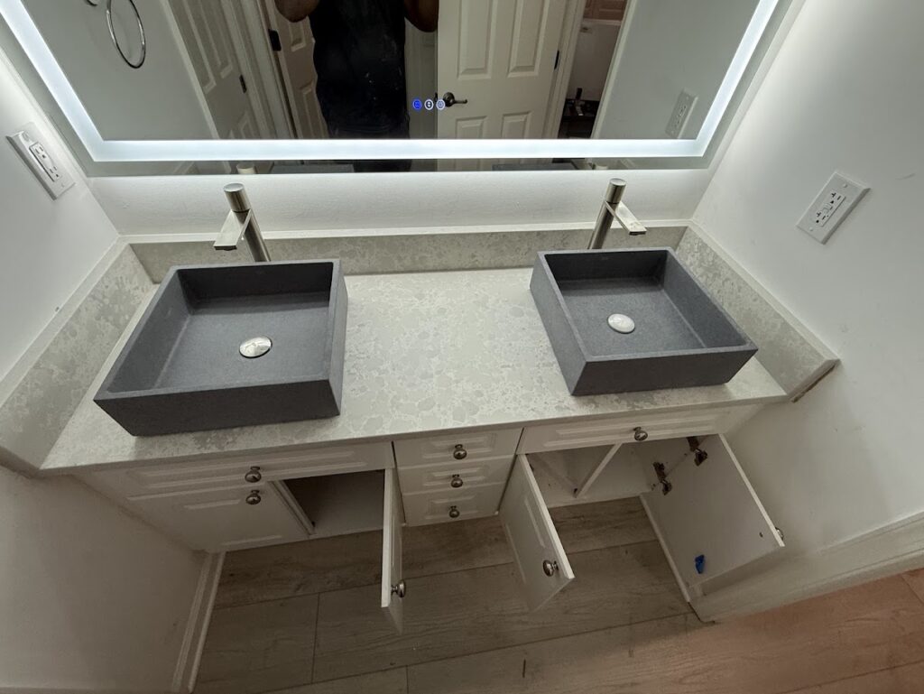 Custom quartz vanity top with vessel sink for bathroom remodel