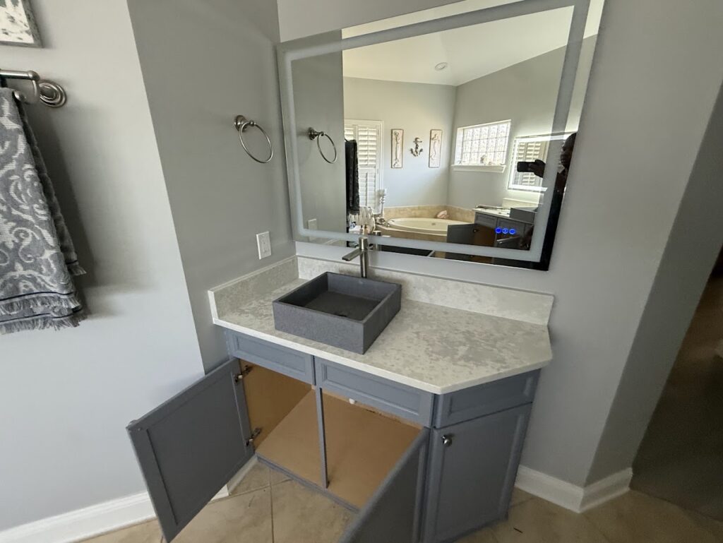 Custom quartz vanity top with vessel sink for bathroom remodel