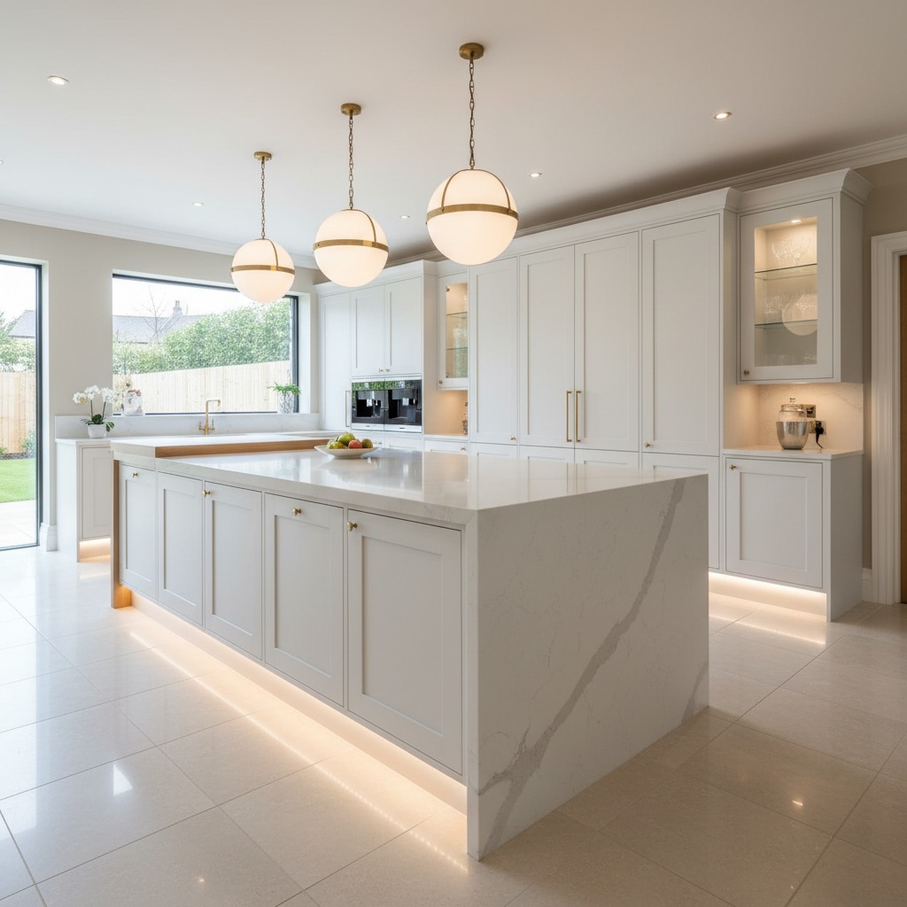 Modern kitchen with quartz countertops and waterfall island in Jacksonville, FL