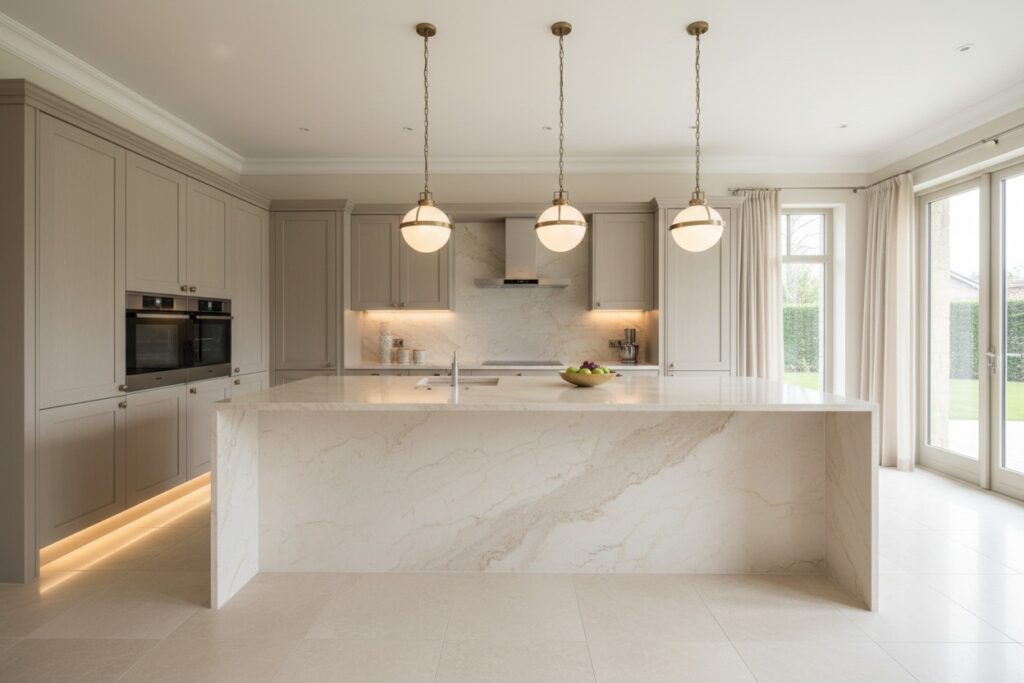 Create a high-end luxury kitchen interior featuring a premium Taj Mahal quartz countertop with a dramatic waterfall island. The kitchen should look elegant, modern, and sophisticated, with custom cabinetry, soft warm lighting, clean lines, and an upscale residential design. Show a spacious open-concept kitchen with a large central island, polished finishes, stylish pendant lights, and a refined neutral color palette. The Taj Mahal quartz should have soft beige, creamy, and subtle gold veining, creating a natural and luxurious look. Make the space feel bright, inviting, and professionally designed, with a realistic and premium aesthetic suitable for a countertop company website. No people. Ultra-realistic, high resolution, wide-angle view, perfect for a homepage banner.