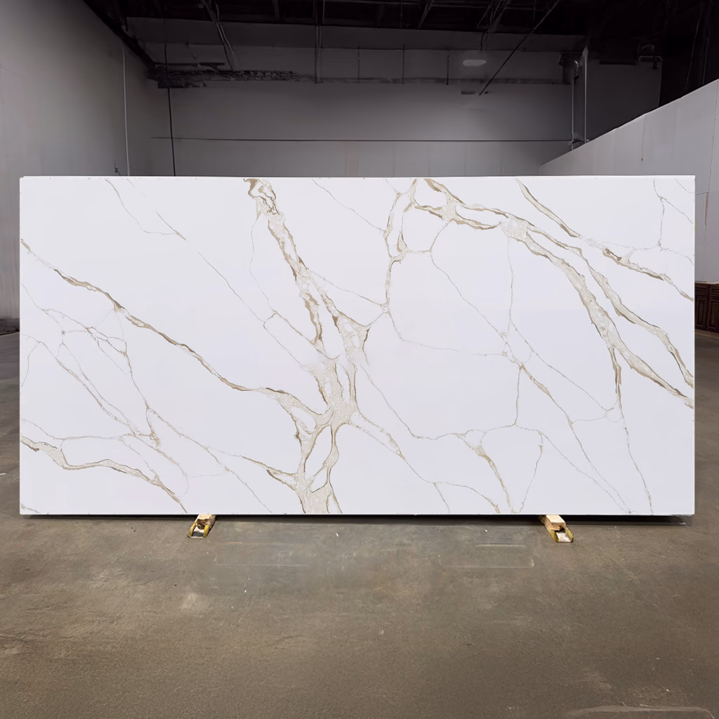Calacatta style quartz slab with bold natural looking veins