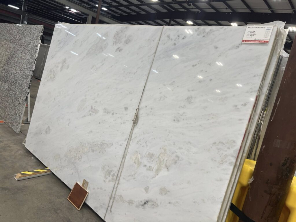 Thassos white marble slab with bright clean appearance and minimal veining